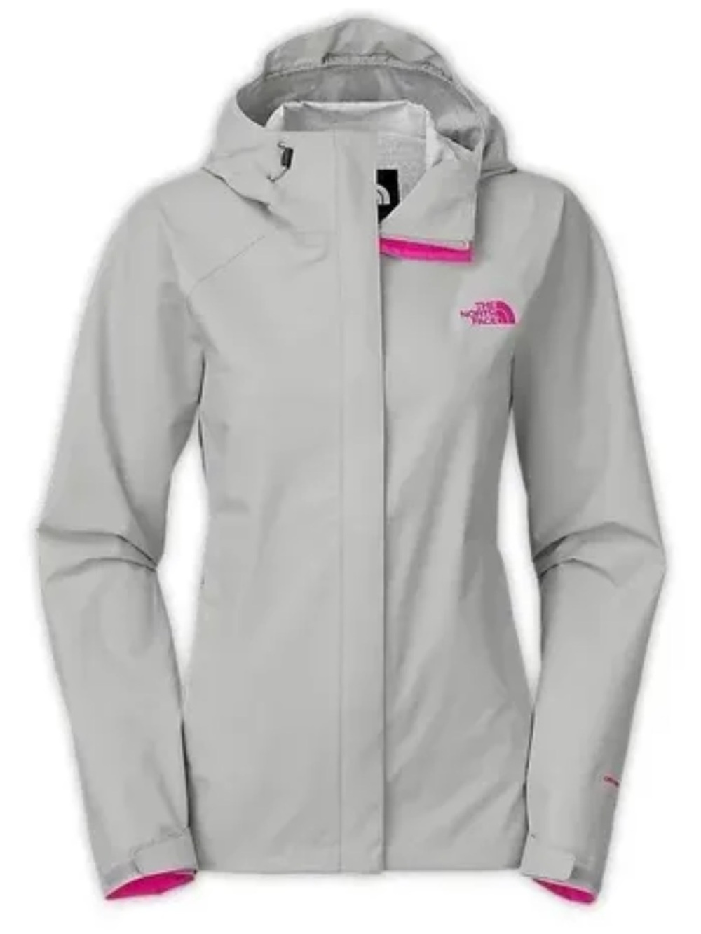 The North Face Women's Light Gray Waterproof Hooded Venture with Pink Trim